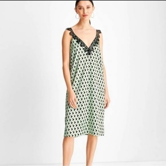 Future Collective Green Black Geometric Lace Trim Satin Slip Dress Women's XS - Picture 1 of 12